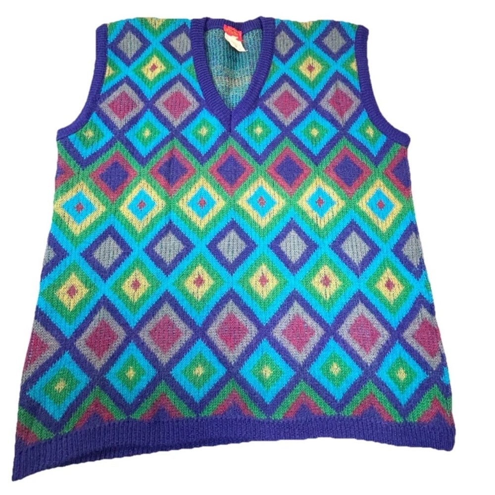 Vintage Kenzo Paris Sweater Vest Mens‎ 3 Large Blue Wool Geometric Print